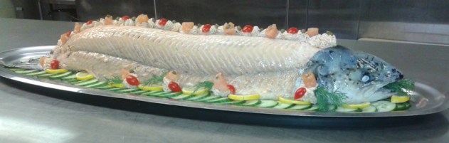 Whole Atlantic Salmon, poached, beautifully decorated with Sauce Olympic or Avocado Sauce